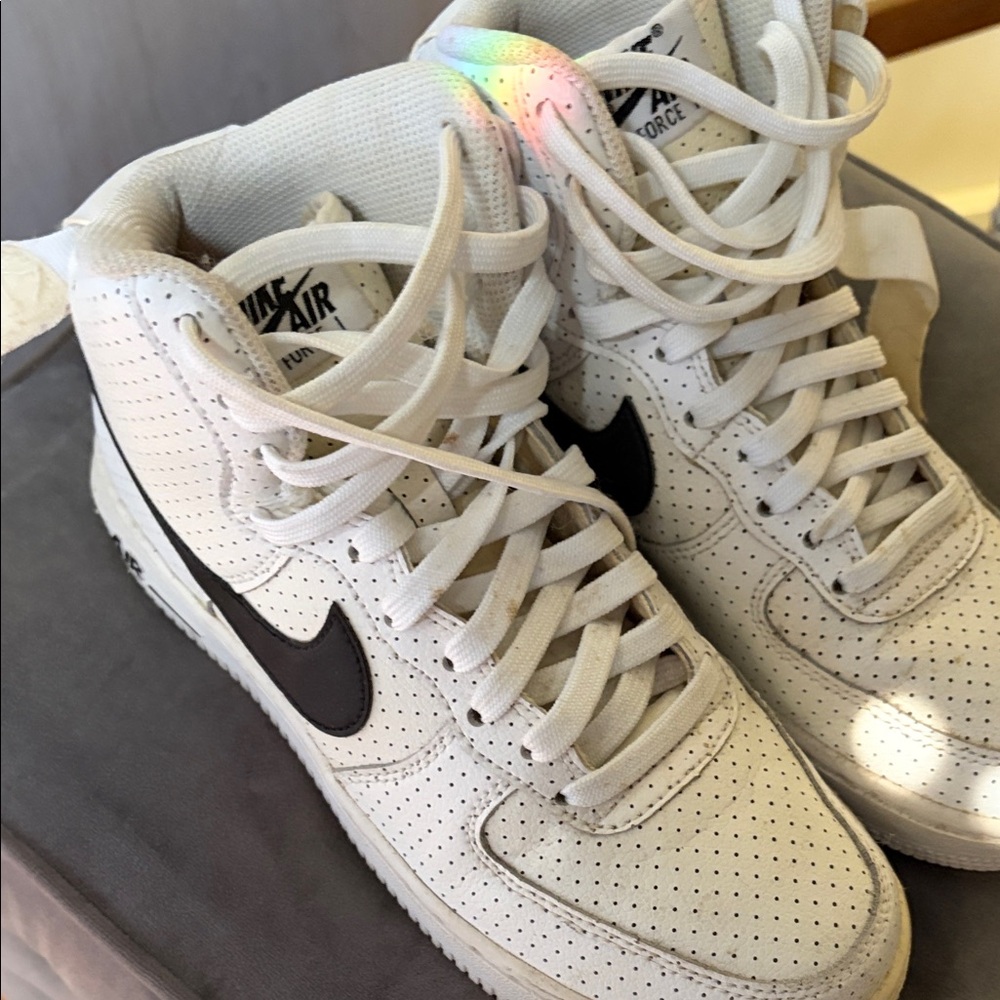Nike White Perforated High-Tops with Black Swoosh